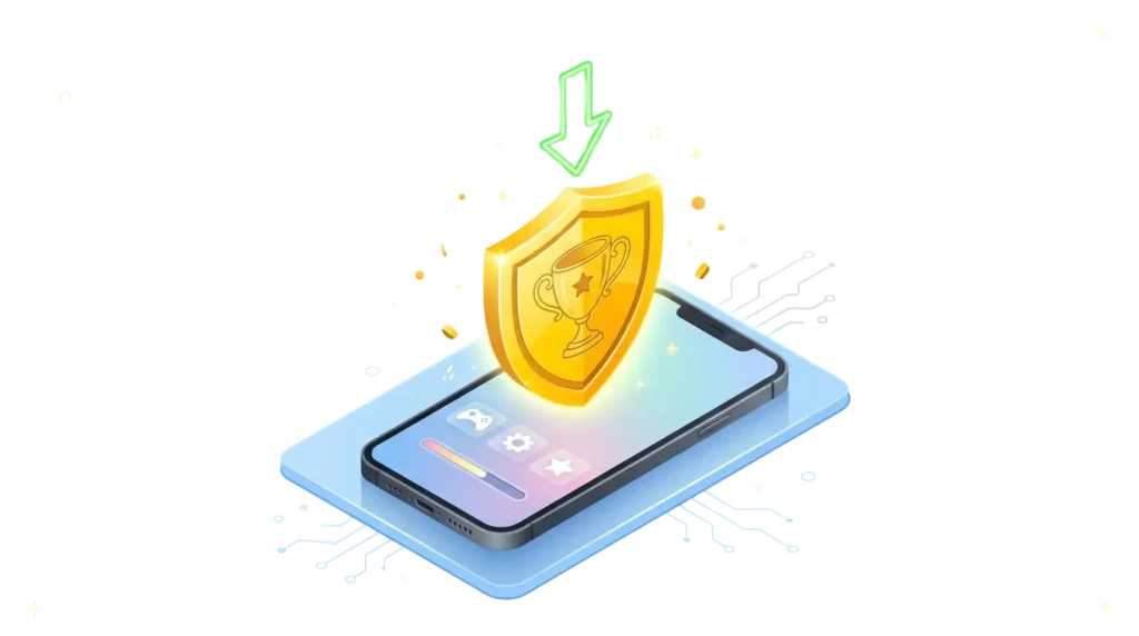 Golden shield and download icon representing a safe update.