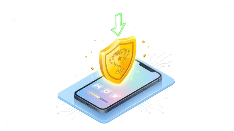 Golden shield and download icon representing a safe update.