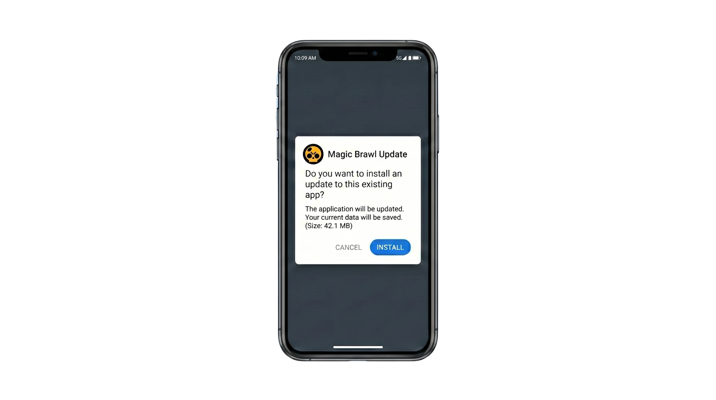 The Magic Brawl update prompt on a phone screen showing data will be saved.